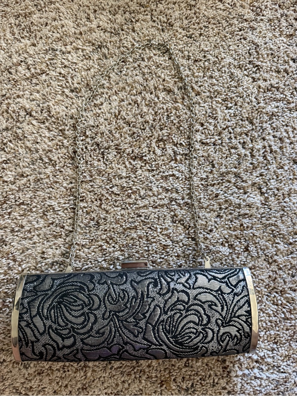 Style & Co. Silver Metallic Clutch with Black Floral Lace Overlay
